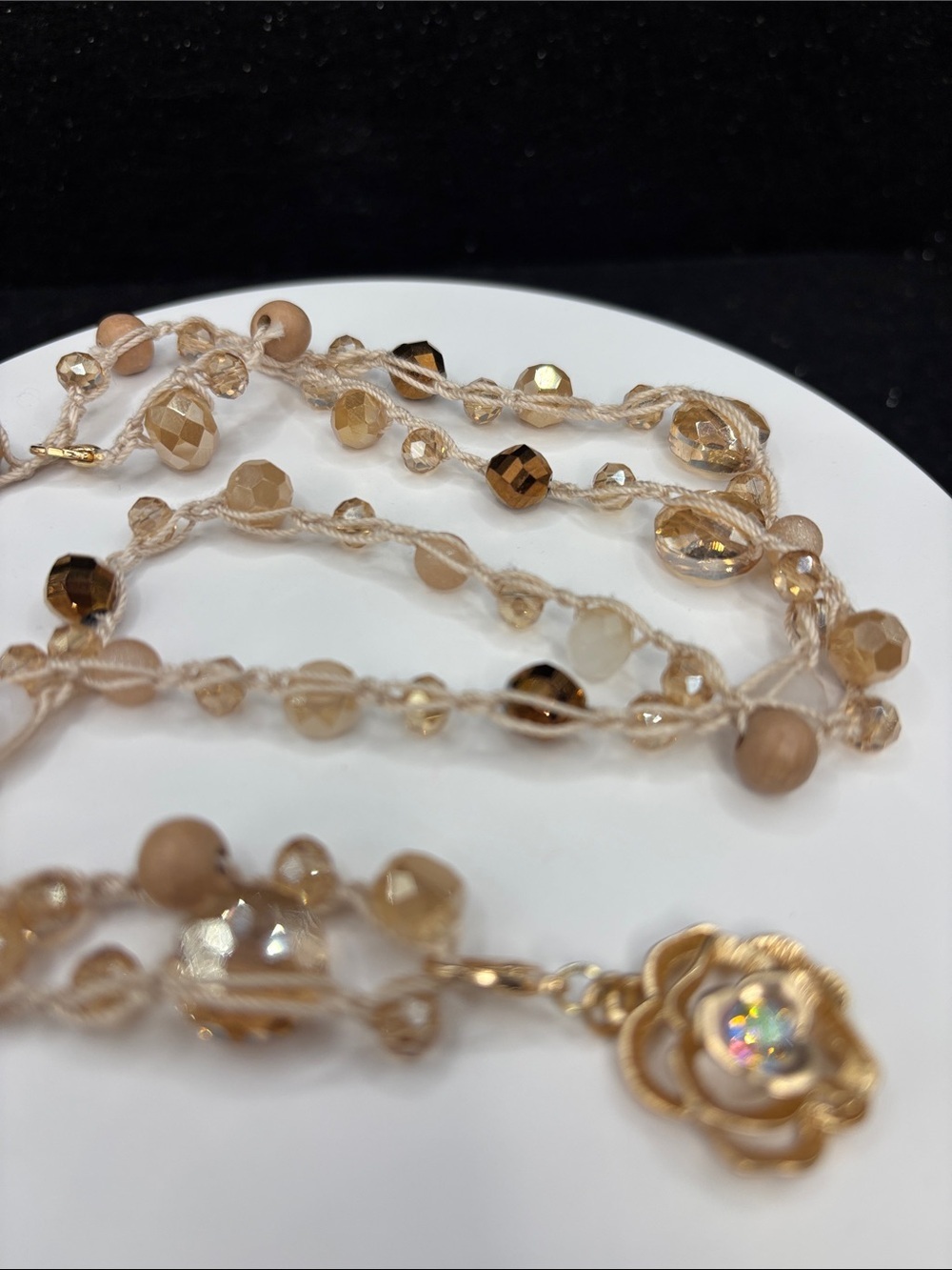 Gold Flower Pendant Beaded Necklace - Neutral Tones - Picture 7 of 7